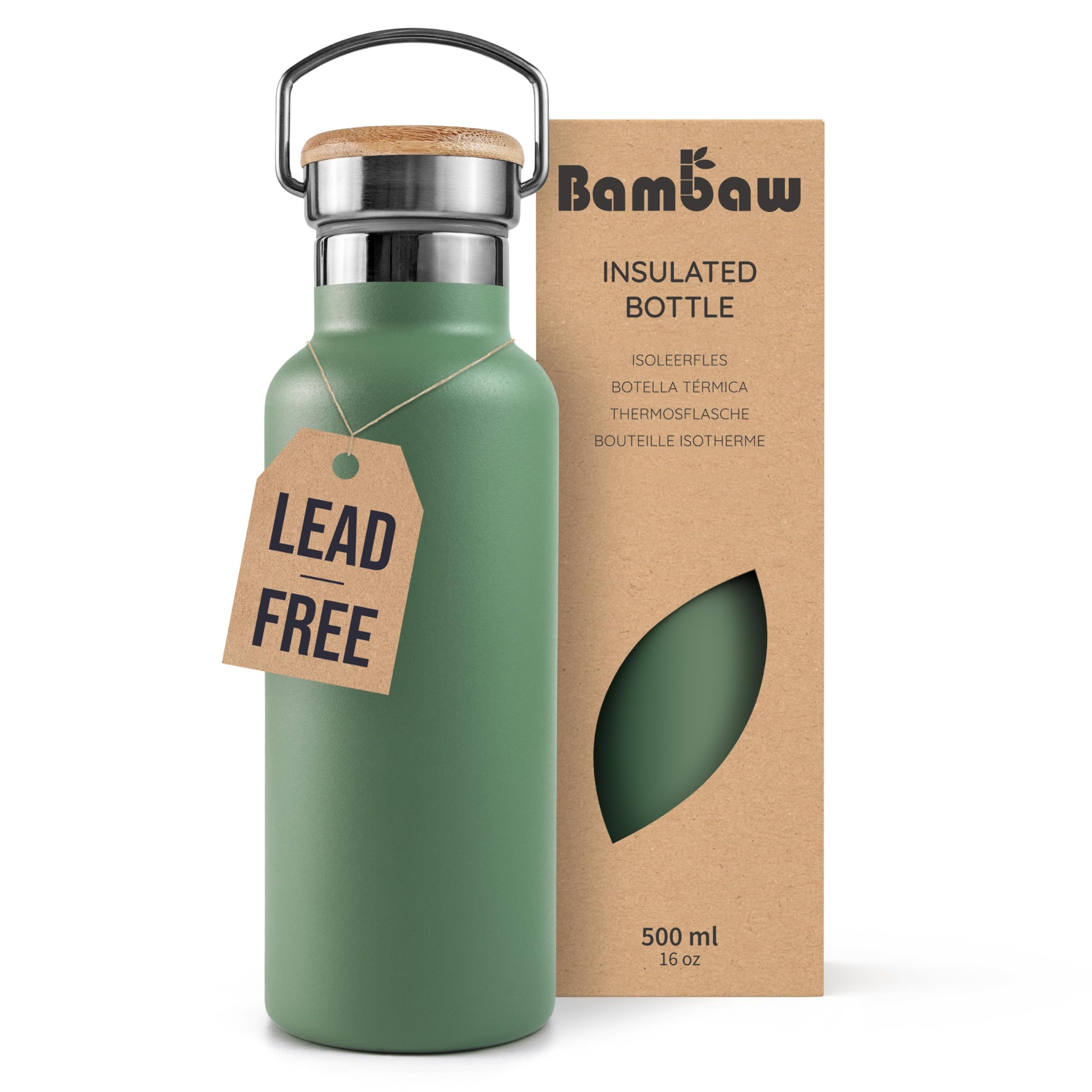 Bambaw Insulated Metal Bottle 500ml for Hot & Cold Drinks, 500ml Stainless Steel Water Bottle, Double-Walled, Reusable & Sleek, Easy to Carry & Fits Cup Holder, Great for Travel (Sage Green)