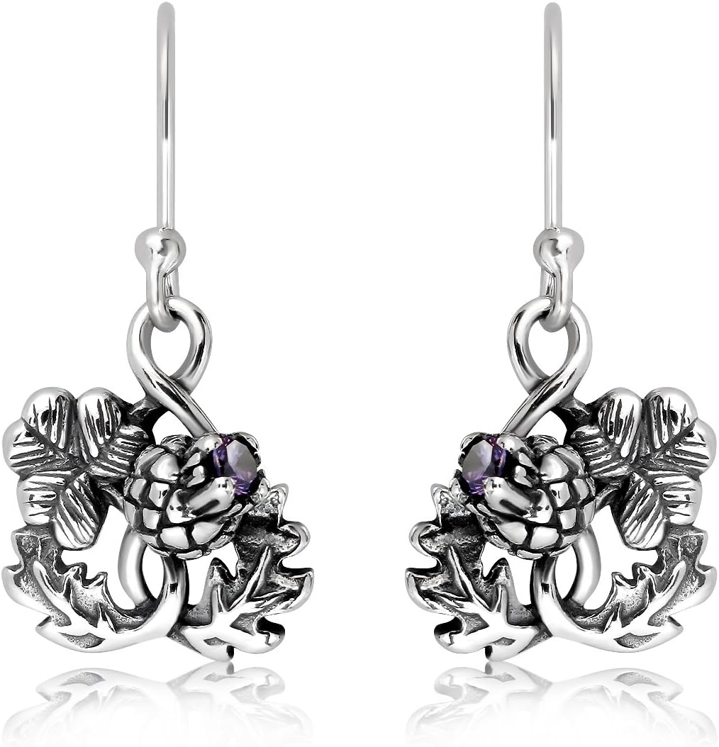 Sistakno Sterling Silver 925 Scottish Thistle and Shamrock Clover with Synthetic Purple Cubic Zirconia Dangle Hook Earrings
