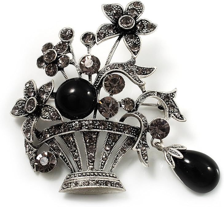 Vintage Flower Basket Brooch (Burn Silver Finish) Brooches