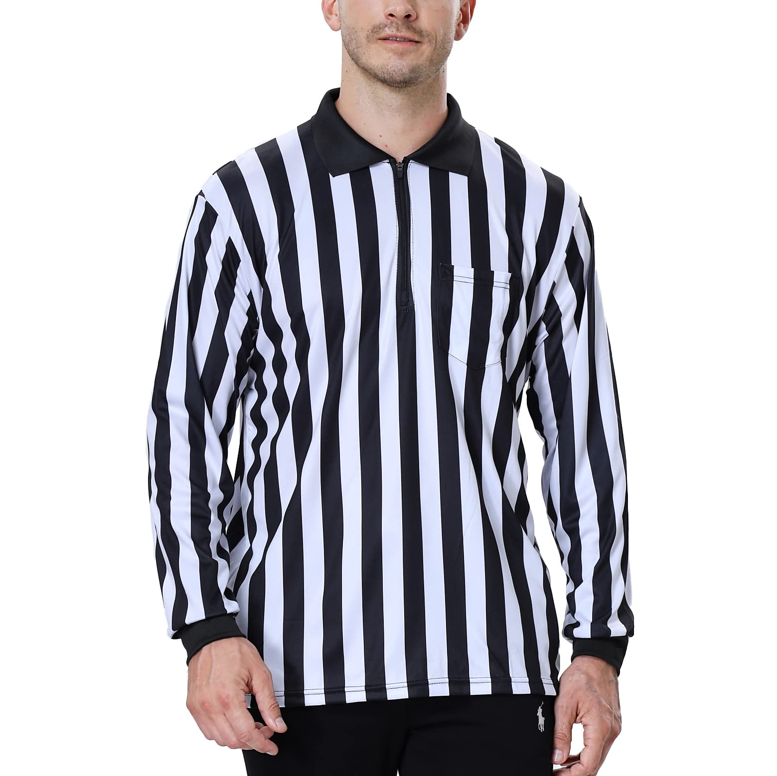 TOPTIE Men's Official Long Sleeve Black & White Striped Referee Shirt, Pro-Style Ref Umpire Jersey-XL