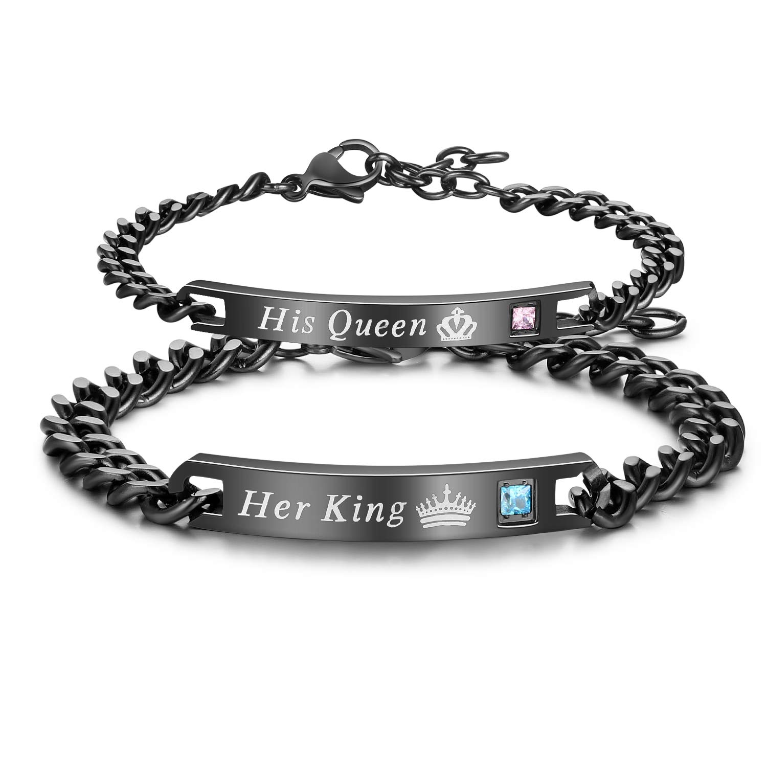 Gkmamrg One Pair Women's and Men's Couple Bracelets, Stainless Steel Curb Bracelet with Engraving His Queen and Her King Rose Gold Black Silver (Black Set) King Quenn Bracelets Black