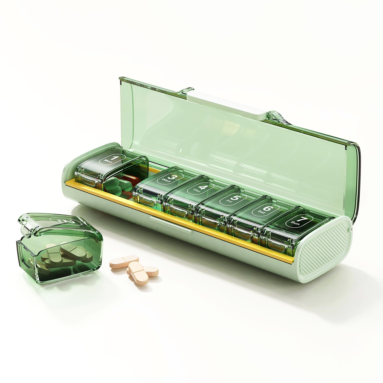 Photo 1 of Weekly Pill Organizer,Portable 7 Day Pill Box,Moisture Proof Medicine Pill Organizer,Travel Pill Case with BPA-Free Material,Pocket-Size for Supplements & Vitamins (Green)