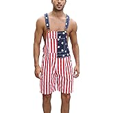 Fiksmigo Mens American Flag Overalls Denim Bib Shorts Romper Adjustable Strap with Pockets