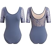 ODASDO Women Dance Leotard Lace Floral Half Sleeve Ballet Bodysuit Padded Bra Gymnastics Training Outfit One-piece