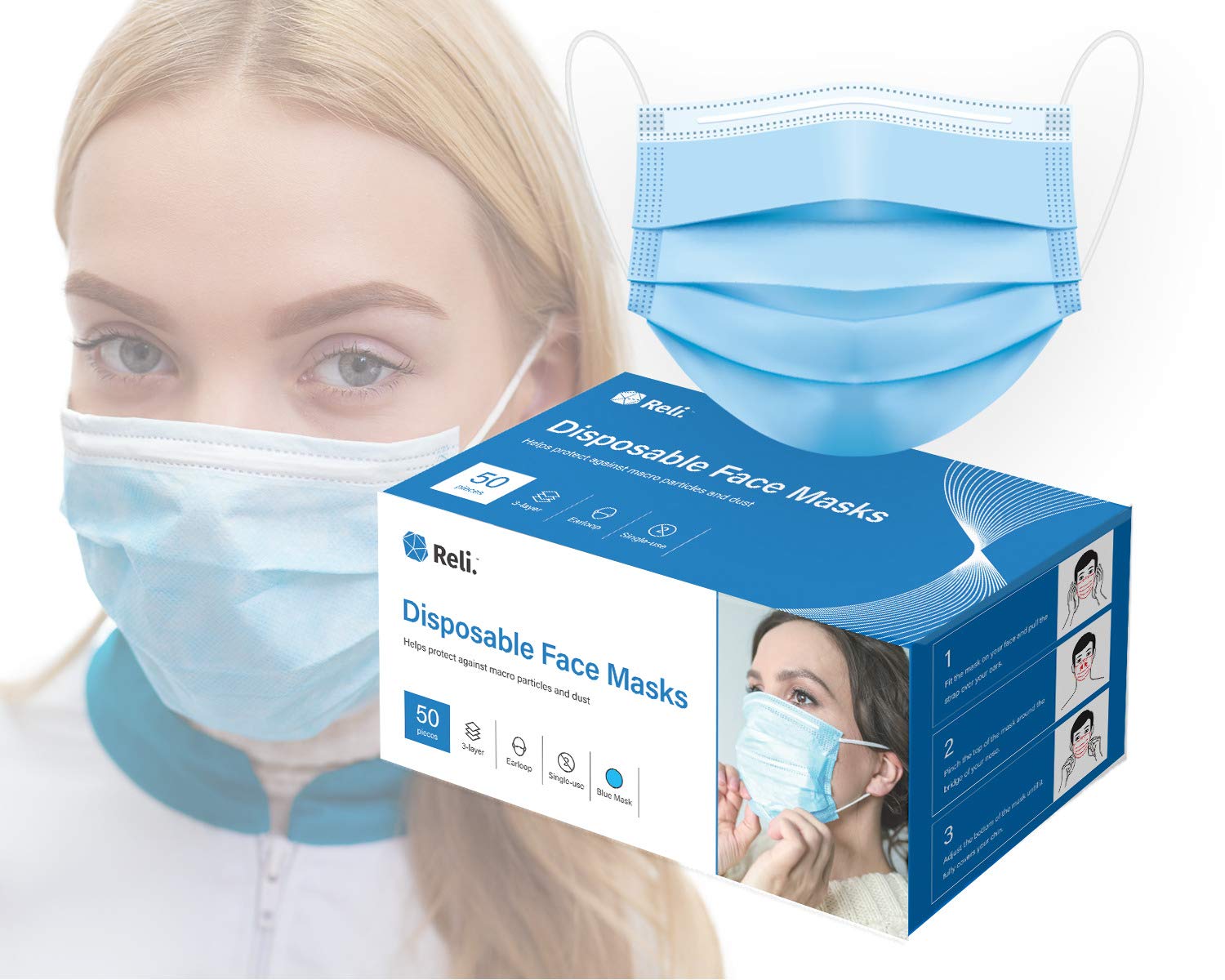 Photo 1 of Reli. Face Masks (50 Masks) Disposable Face Mask - 3 PLY - Breathable, Ear Loop Mask 50 Pack (Blue)