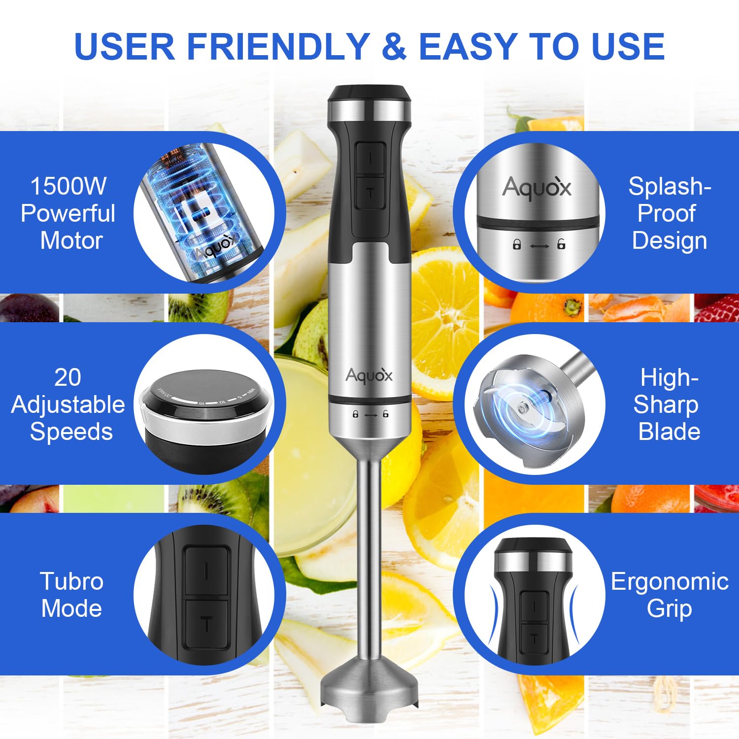 Immersion Blender 5 in 1 Handheld Blender 1500W, 20 Speed Mode&Turbo Boost, Heavy Duty Motor Electric Hand Blender with Chopper, Whisk, Frother, Beaker, for Baby Food, Sauce, Soup, Aquox