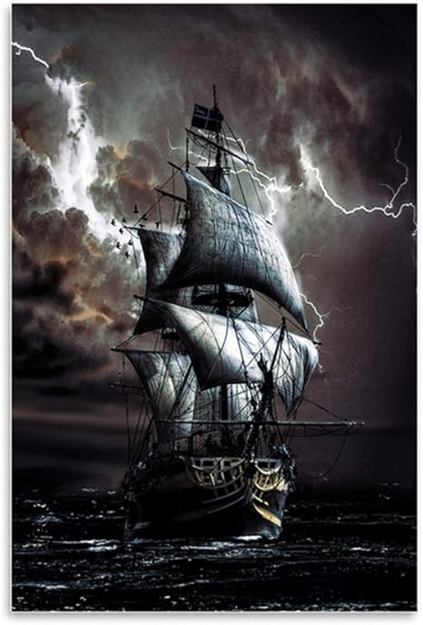 Amazon 海の海賊船キャンバス絵画黒帆船ヴィンテージポスターとプリント居間の装飾のための船の壁の写真 ウォールステッカー オンライン通販