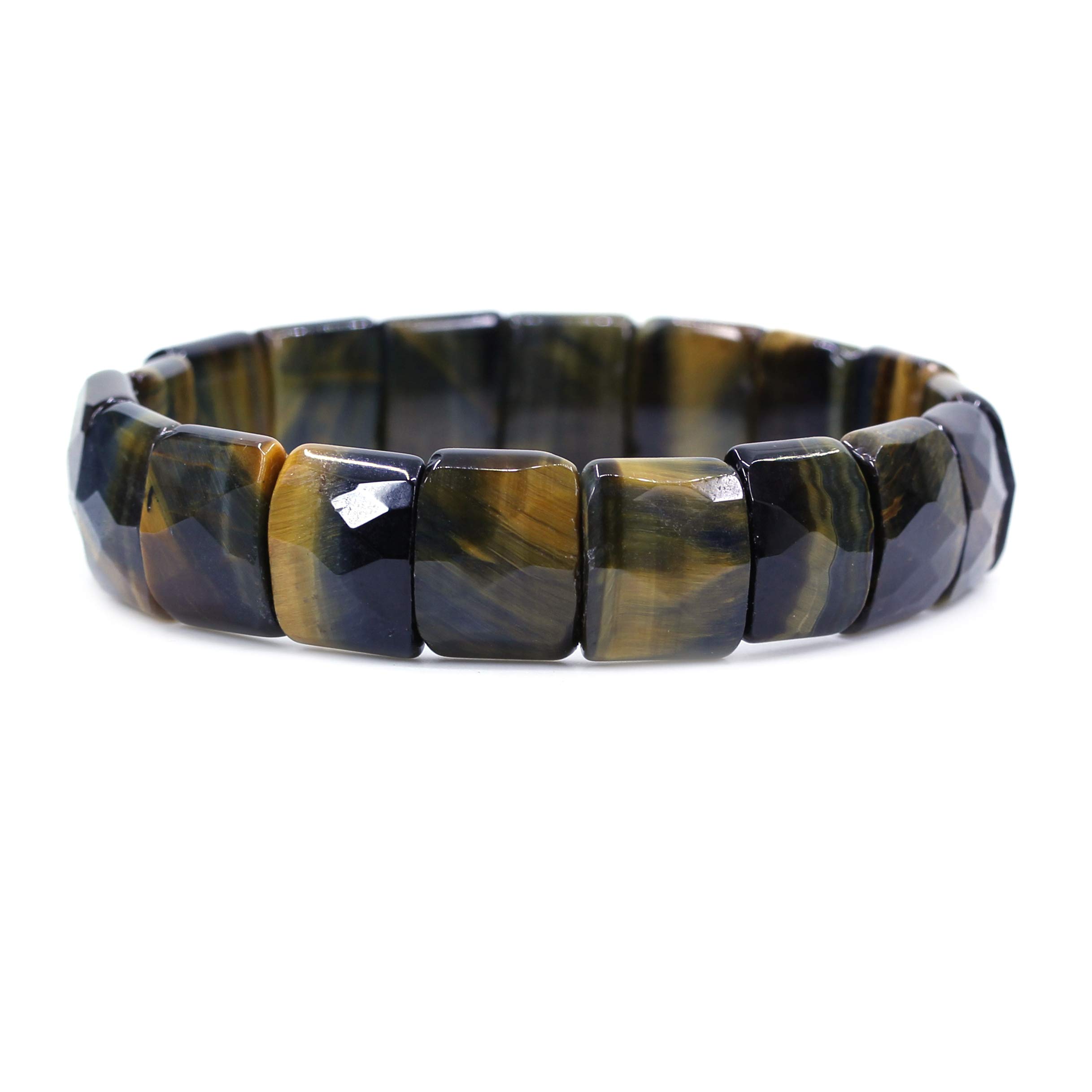 CHENYUE Natural Golden Blue Tiger Eye Gem Semi Precious Gemstone 15mm Faceted Square Grain Beads Stretch Bracelet 7.5 Inch