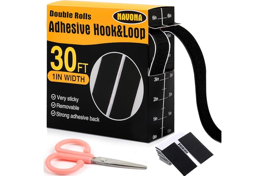 Navona 30Ft x 1 Inch Hook and Loop Strips with Adhesive, Double Rolls of Heavy Duty Self Adhesive Tape with Backing, Nylon Self Adhesive Tape for Home Office School and Crafting,Black