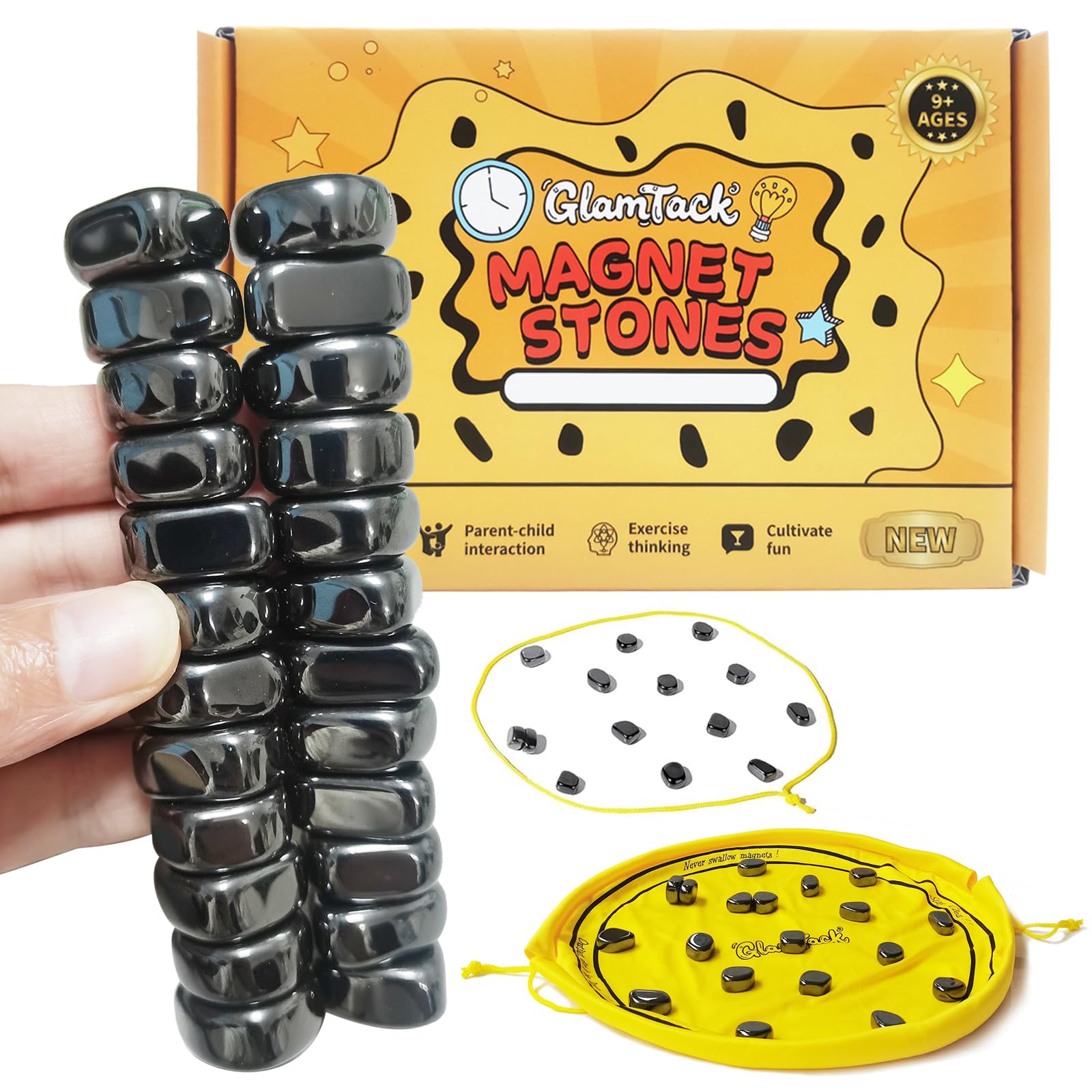 GlamTack Magnetic Chess Game with 24PC Stones, Magnet Games with String, 2-in-1 Game Mat Bag, Family Games for Kids and Adults