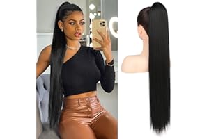 FLUFYMOOZ ponytail extension, 30 Inch Long Straight Drawstring Ponytail Synthetic Hairpieces Fake Pony Tails Natural Soft Clip in Hair Extension ponytail for Women (Natural Black)