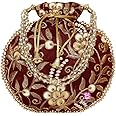 Potli Bag for Women Ethnic Gold, Pearl Handle Floral Accents, Drawstring Closure Pearls Handle Batwa Clutch Purse
