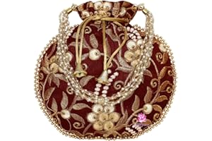EKAVYA Potli Bag for Women Ethnic Gold, Pearl Handle Floral Accents, Drawstring Closure Pearls Handle Batwa Clutch Purse