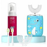 PVOGRT Kids Electric U Shaped Toothbrush,Kids Dinosaur Sonic Full Mouth Toothbrush with 4 Soft Brush Head Automatic 6 Cleaning Modes IPX7 Waterproof 360 Degree Cleaning - Age2-7 Blue