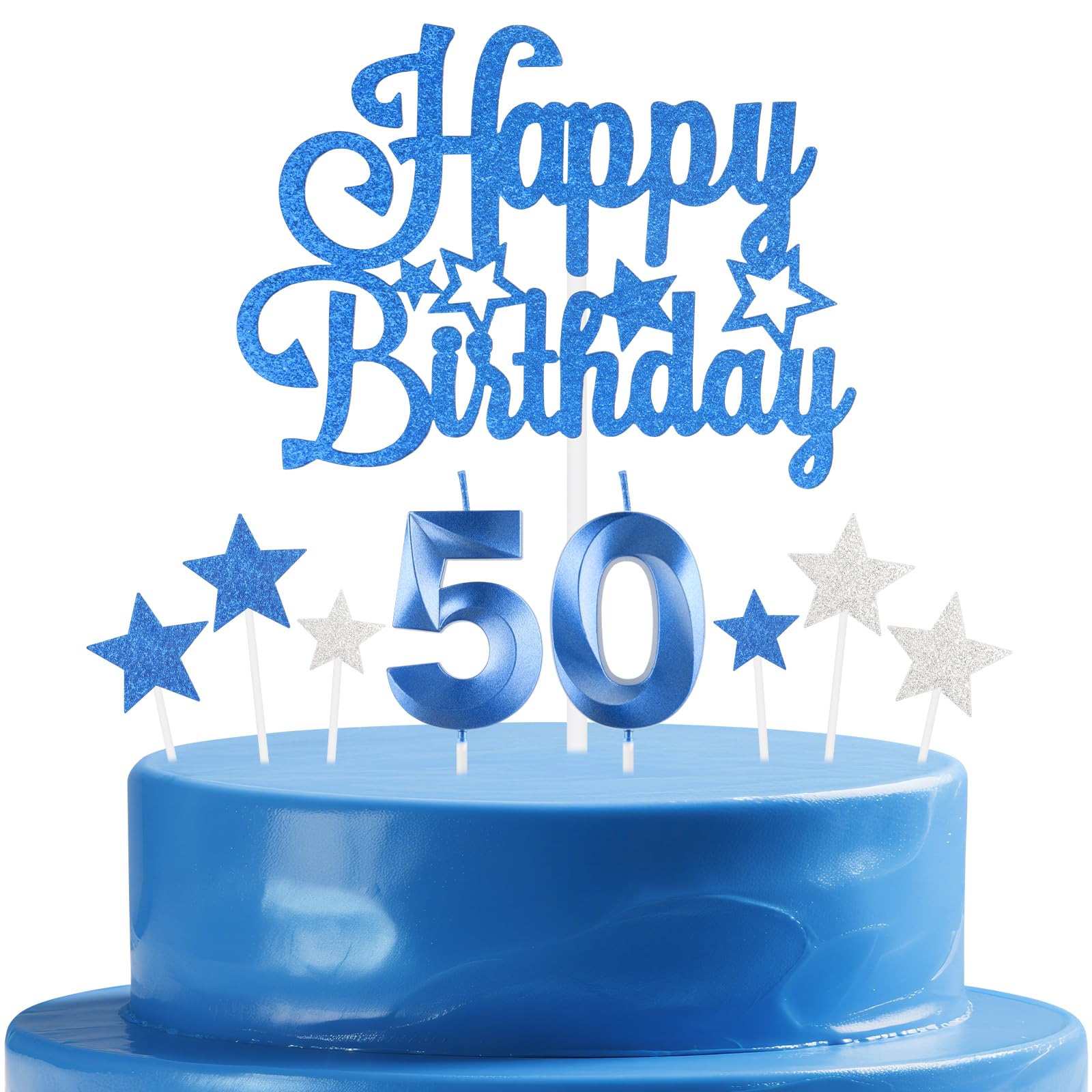 mciskin Royal Blue Birthday Candles Set,Women Men 50th Birthday Decorations,Number 50 Candle for Cake,Royal Blue Candles Cake Toppers with Star for Women Men Birthday Party Anniversary Decorations