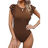 Missufe Women's Summer Ruffle Flutter Sleeve Ribbed Knit Slimming Casual Bodysuit Tops