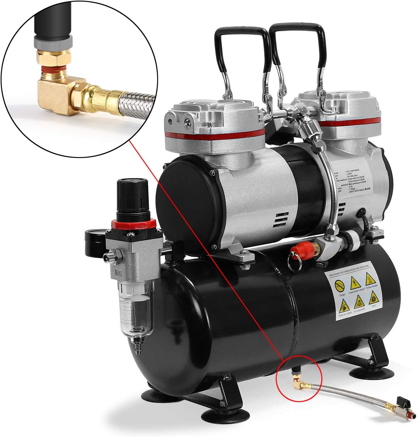 HK Extended Tank Drain Valve Assembly, 10 Inch Flexible Braided Steel Tube Air Compressor Tank Drain Hose 1/4 inch NPT, 90 Degree Brass Elbow Shut-Off Ball Valve, Pipe Fitting and Thread Seal Tape - - 