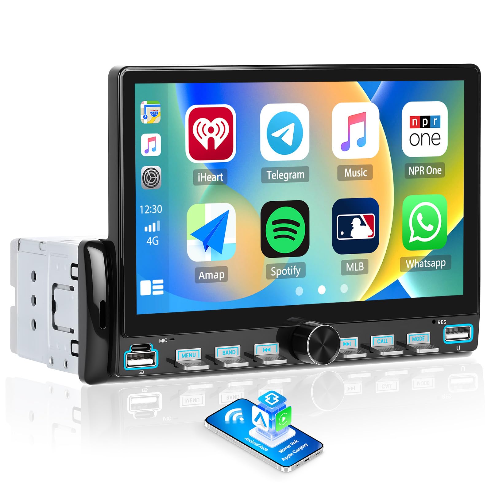 Photo 1 of 7 Inch Single Din Car Stereo - Wireless CarPlay & Android Auto, Mirror Link, Steering Wheel Control, Bluetooth, FM Radio, 7 Color Lights, EQ Adjustment, Online Video Support for Most Vehicles