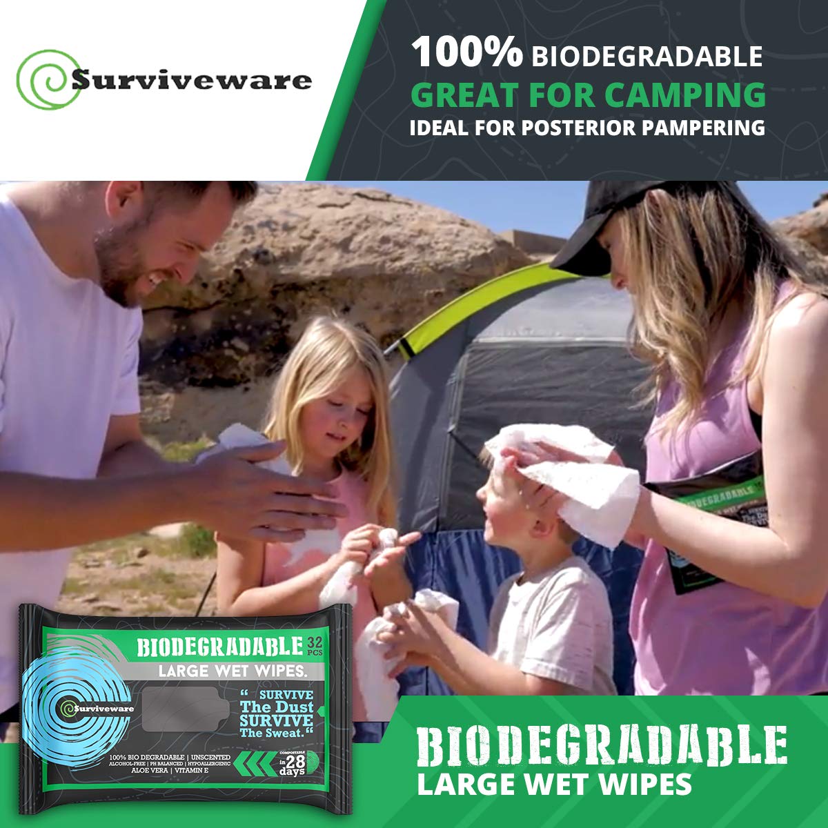 Surviveware Biodegradable Wet Wipes Large Pack - Rinse Free Shower Wipes for Post Workouts, Camping, Backpacking, Outdoors and Hiking: Beauty