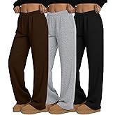Velvelhall 3 Pack Women's Wide Leg Sweatpants Interior Drawstring Baggy Sweatpant High Waisted Casual Jogger Pant with Pocket