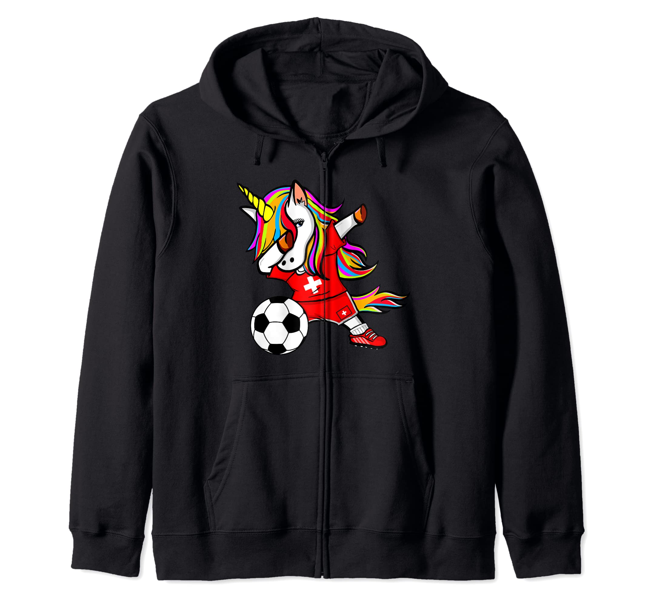 Dabbing Unicorn Switzerland Football - Swiss Flag Soccer Zip Hoodie