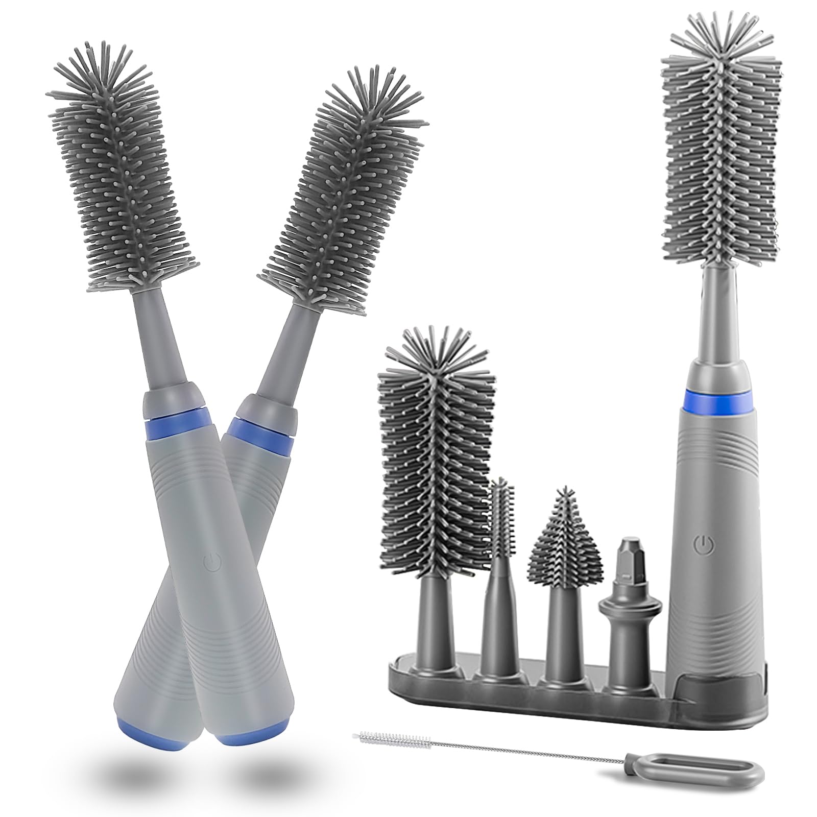 Photo 1 of ESFC Electric Bottle Brush with Stand and Extendable Handle, Silicone Bottle Brush Set, Easy-Grip Silicone Handle, Waterproof/Rechargeable, Grey