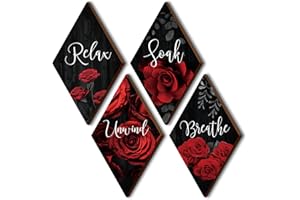 FairySandy 4 Pcs Red Rose Bathroom Wood Wall Decor Relax Soak Unwind Breathe Red and Black Bathroom Decor Rustic Red Sign Wall Decor Red Rose Canvas Wall Art for Living Room Home Decor Gift (Rhombus)