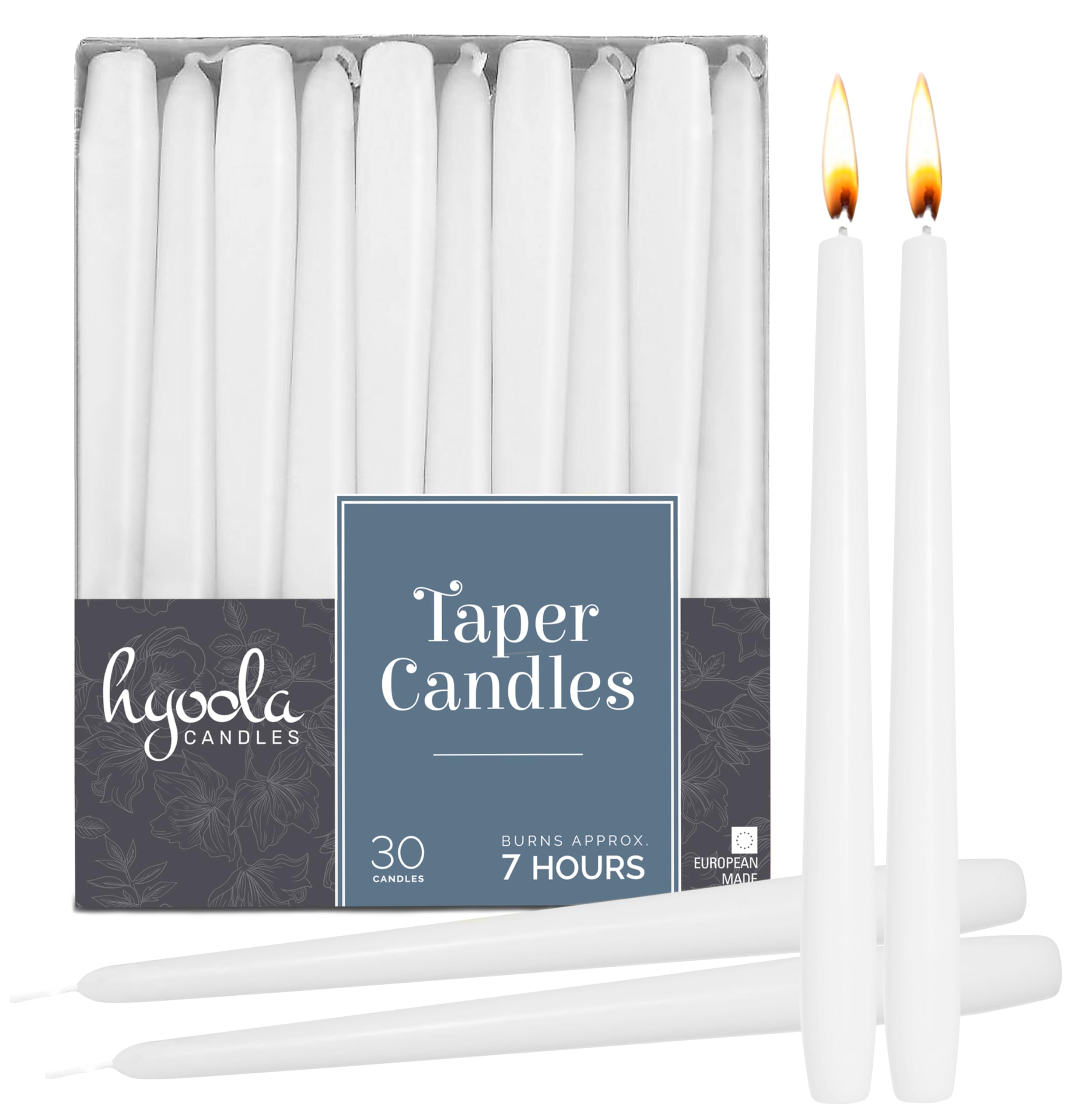 Hyoola White Taper Candles - Tapered Candles - Dripless Candle Sticks - 20 cm (8 Inch) - 7 Hour Burn Time (30-Pack)