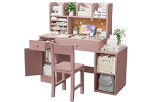 RUPOLX Wooden Pink Kids Study Desk and Chair Set, 2 Drawers and 4 Storage Cabinets, Children Desk with Hutch and Shelves, Girls Study Desk for Kids Bedroom