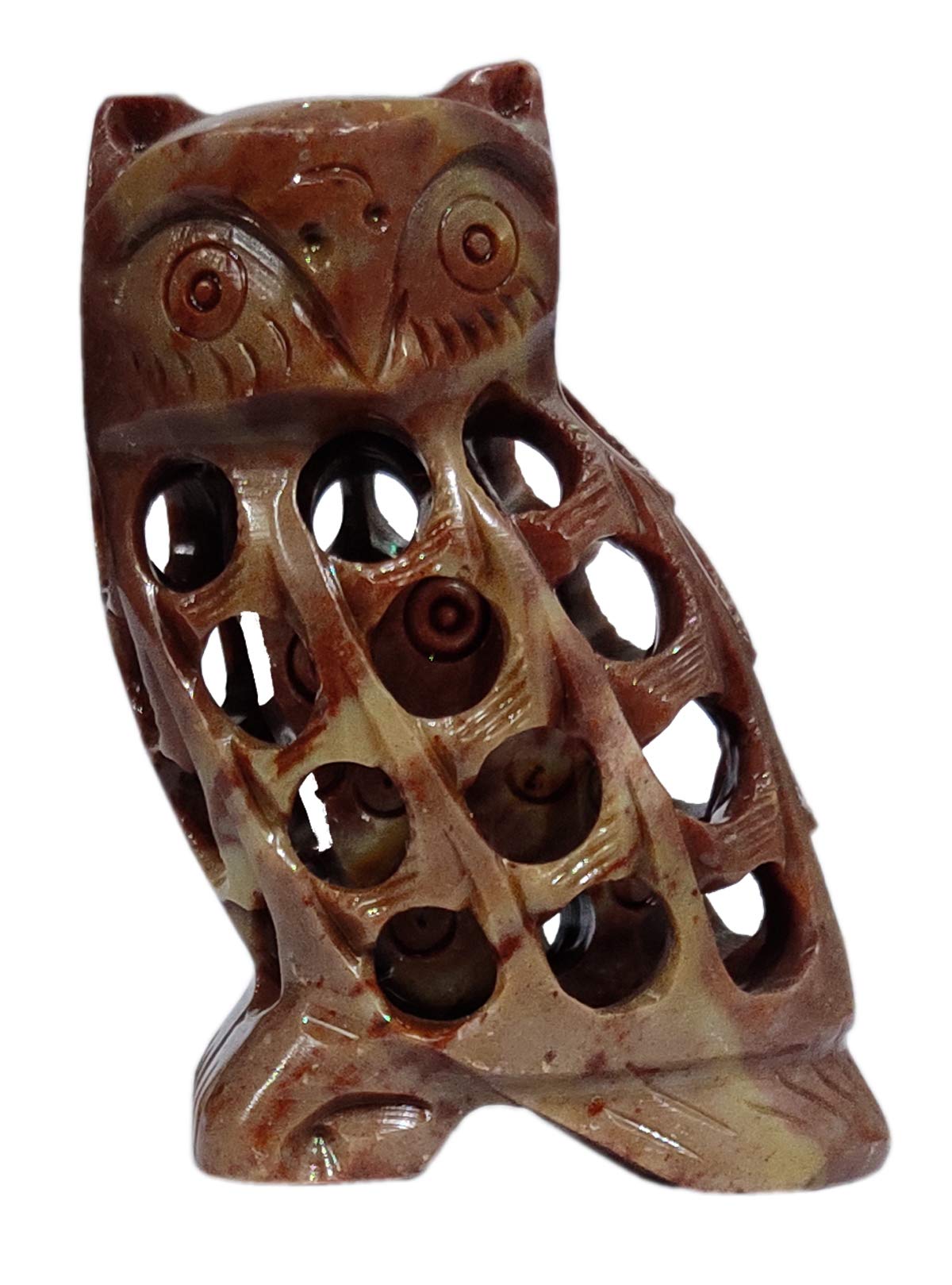 Purpledip Soapstone Statue Nested Owls: Lattice Design Jaali Work Mesh Sculpture (11660)