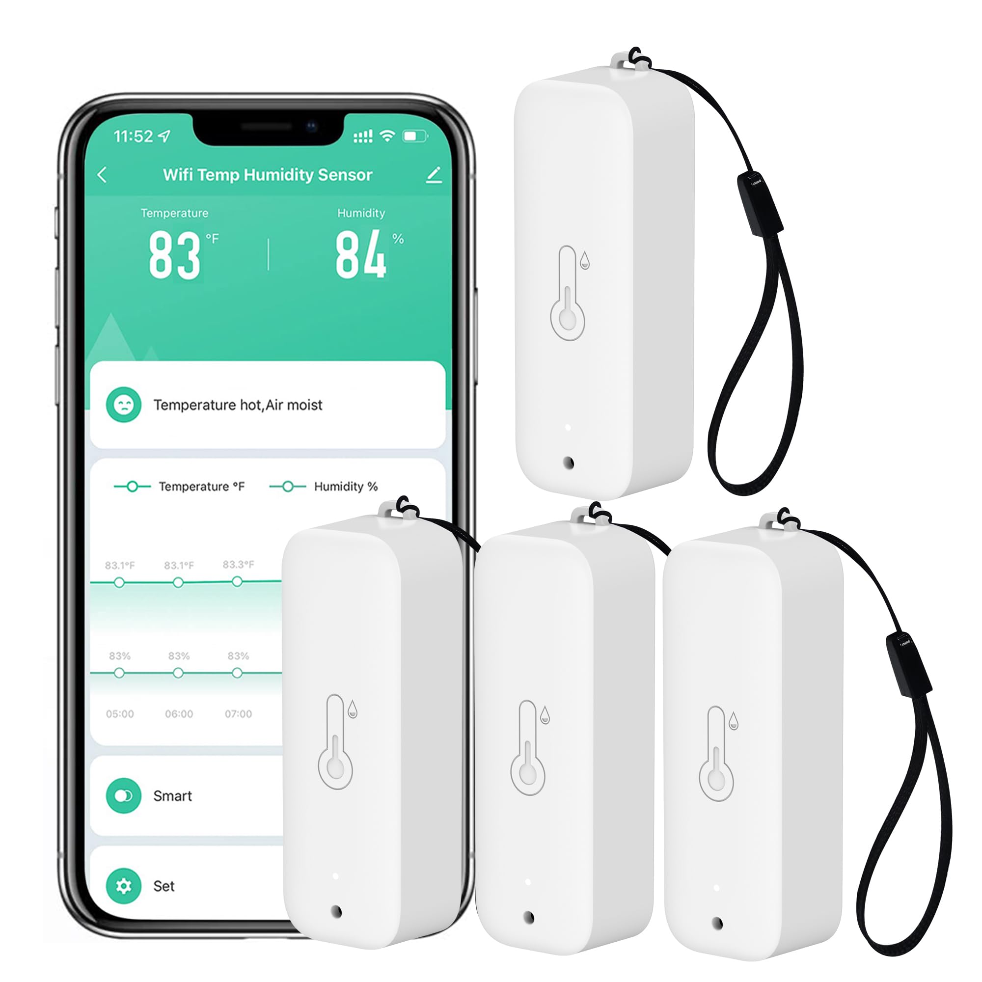 WiFi Hygrometer Thermometer Sensor: Wireless Smart Temperature Humidity Monitor with App Notification Alert, Data Storage Export, Calibration Function, Compatible with Alexa (White-4Pack)