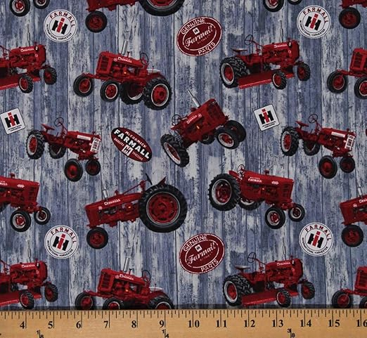 Amazon Com Cotton Farmall Logo Tossed Red Tractors Allover On