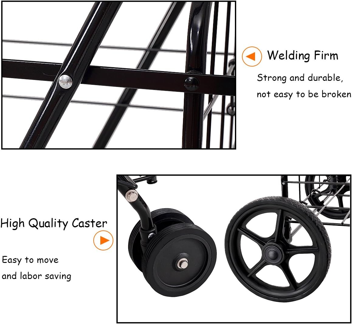 Goplus Folding Shopping Cart Jumbo Double Basket Perfect for Grocery Laundry Book Luggage Travel with Swivel Wheels Utility Cart (Black) : Office Products