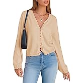 EXLURA Women's V Neck Cardigan Sweaters Long Sleeve Button Down Contrast Wavy Trim Lightweight Soft Knit Top Spring Clothes