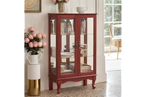 Eyisean 44" H Lighted Glass Display Cabinet with Glass Doors, Wooden Curio Cabinet with 3 Adjustable Shelves, Mirrored Back Panel, Arched China Cabinet for Living Room, Light Bulb Included (Cherry)