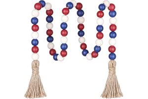 MEPLAIT 4th of July Wood Beads Garland, Independence Day Tiered Tray Decorations Farmhouse Bead Garland with Tassels for Memorial Day Decoration