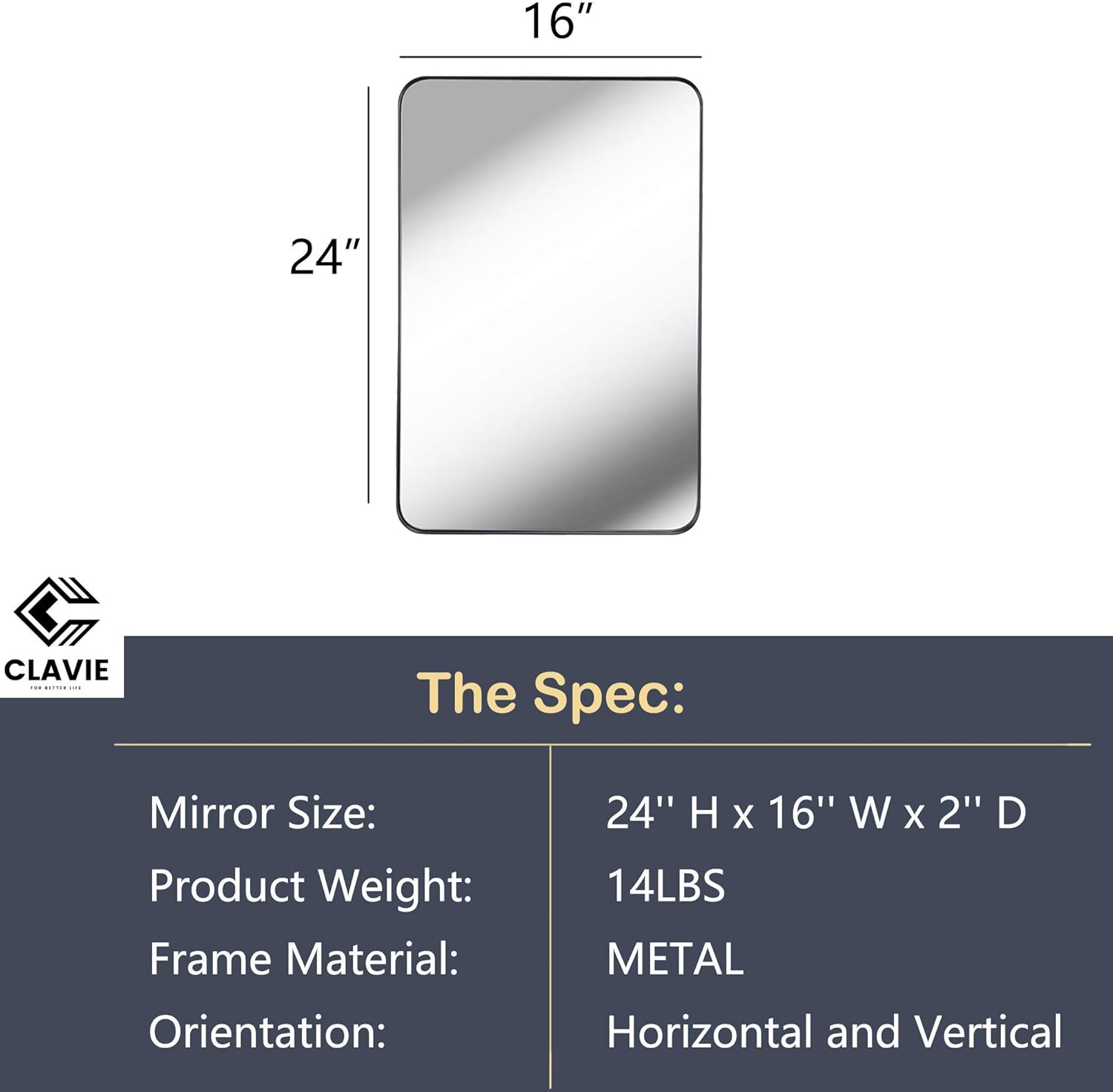 Clavie Wall Mirror 16x24 Inch Mirror for Bathroom Metal Frame Rounded Corner Rectangle Mirror Modern Bathroom Mirror Vertical or Horizontal Hanging Decorative Wall Mirrors for Living Room, Bedroom: Home & Kitchen