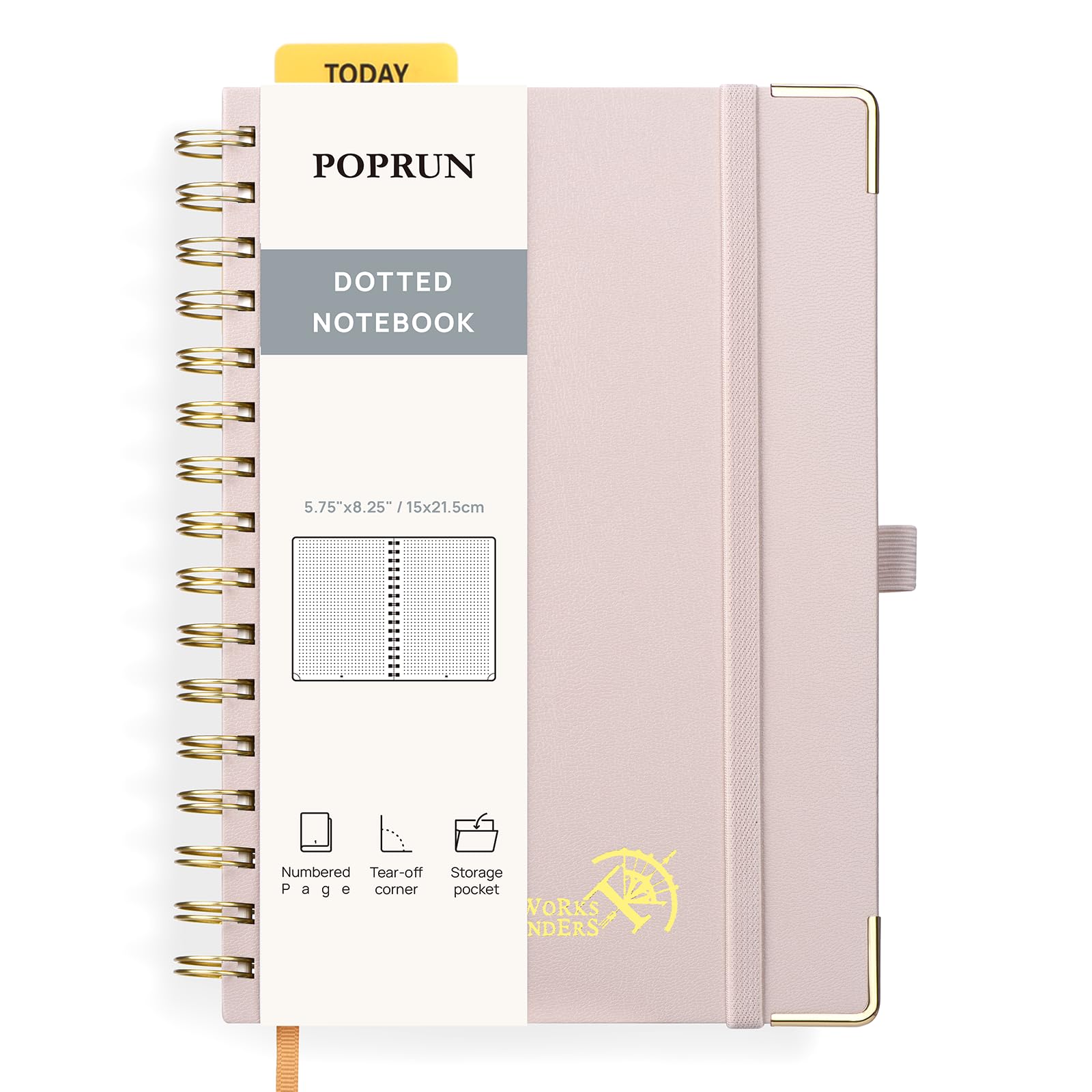 POPRUN Spiral Bullet Dotted Journal Notebook, [A5 Size] - 120 Gsm Thick Paper, 141 Numbered Pages, Wirebound Notepad for Men & Women with Pocket, Index Tabs, 8 Perforated Sheets, Light Pink