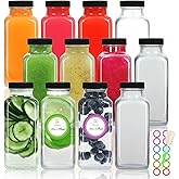 STARSIDE 16oz Glass Juice Bottles with Lids 12 Pack - Square Reusable Drinking Jars for Juicing, Milk, Kombucha - Includes 1 Sponge Brush, 12 Colored Labels