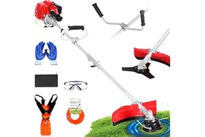 WTHW 52cc Gas Powered Weed Eater and Brush Cutter 3-in-1, Heavy Duty Straight Shaft String Trimmer with Harness and 2 Heads for Tough Weeds, Grass, and Land Clearing (PT6081)