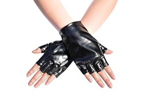 MANJIAMEI PU Leather Fingerless Gloves Men Women Half Finger Short Glove Metallic Punk Gloves Halloween Disco Party Costume