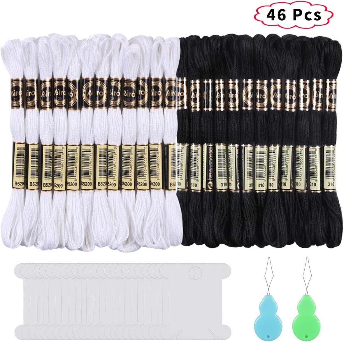 24 Skeins Cross Stitch Threads, Kissbuty Black and White Cotton Embroidery Floss Friendship Bracelets Floss with 20 Pcs Floss Bobbins and 2 Pcs Needle Threaders for Knitting, Cross Stitch Project