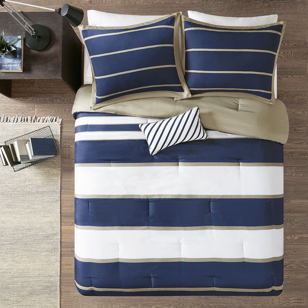 Mi Zone - Ashton - Comforter Set - Navy - Full/Queen - Striped Pattern - Includes 1 Comforter, 1 Decorative Pillow, 2 Shams