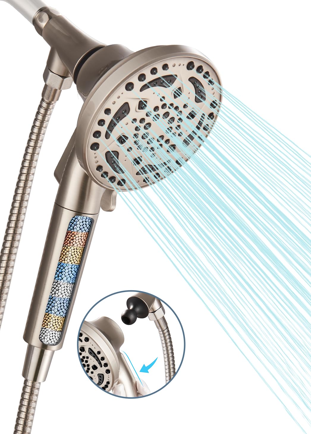 Photo 1 of Cobbe Filtered Shower Head with handheld, High Pressure 7-mode Showerhead with Hose, Bracket, Water Softener Filters Beads for Hard Water Remove Chlorine and Harmful Substance, Brushed Nickel, U.S.
