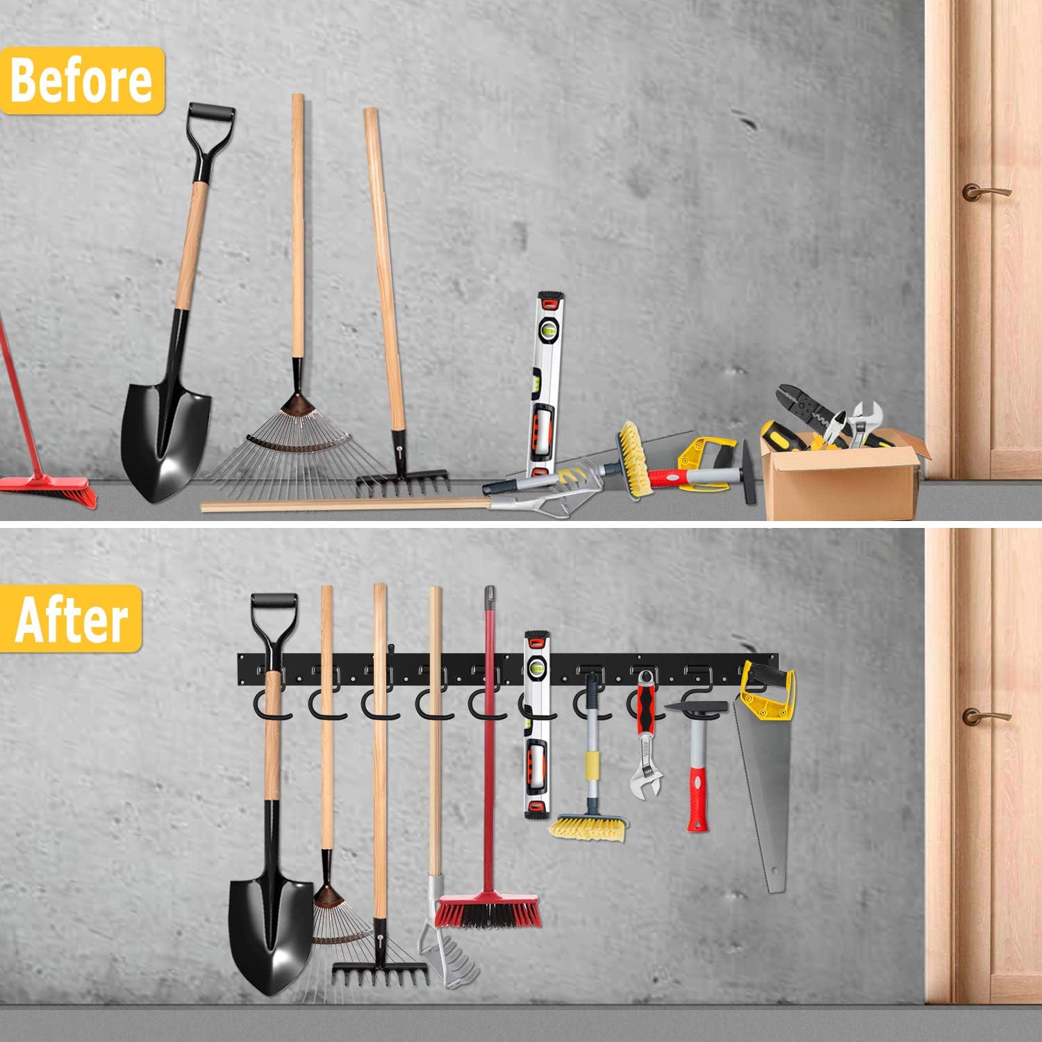 64 Inch Garage Hooks Tool Organizer Wall Mounted, Adjustable Storage System Wall Organizer for Garden Tools, Heavy Duty Tool Hanger for Rake, Mop, Broom and Yard Tools - - 