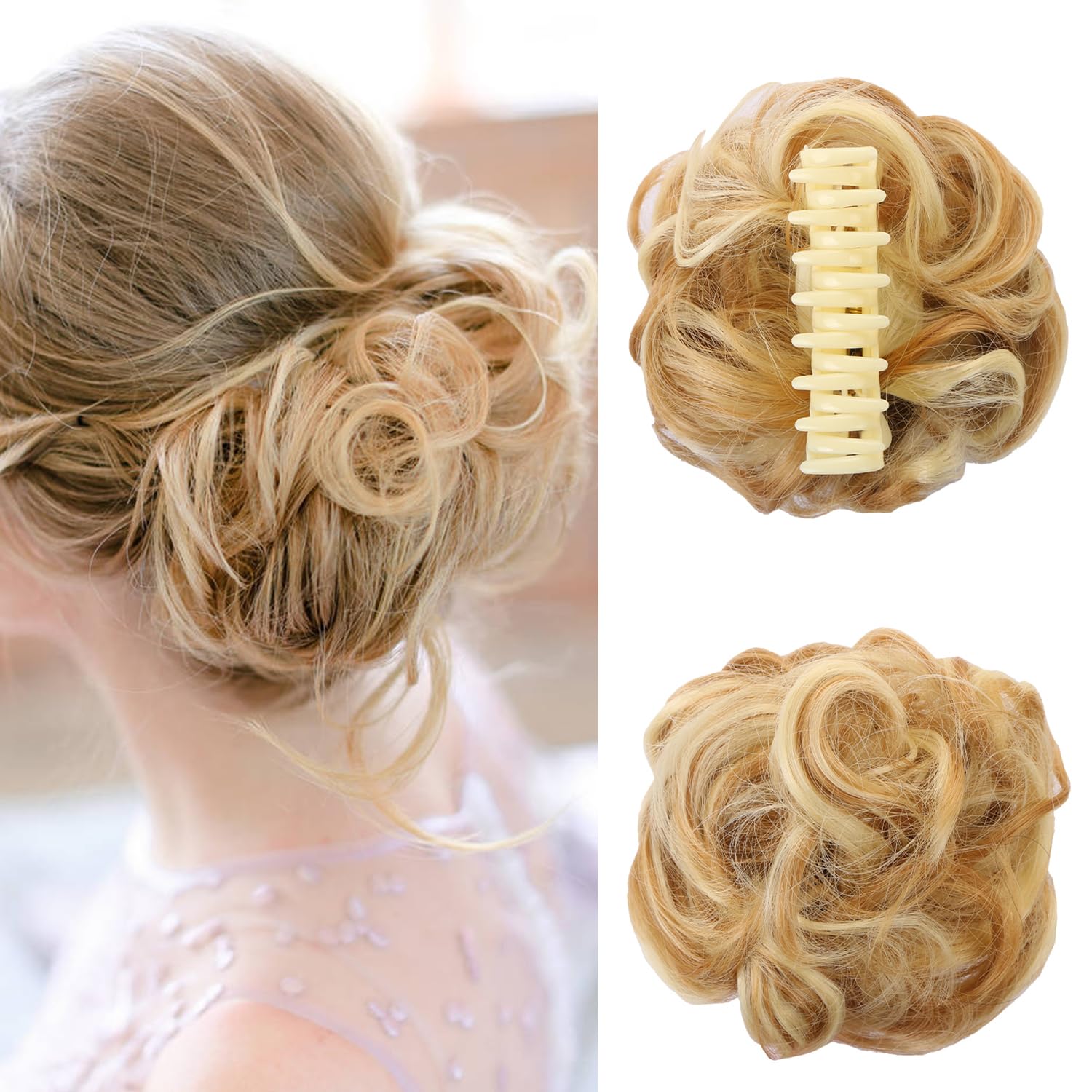 UHOMENY Wig Hair Clip Claw Clip Claw Messy Bun Hairpiece Wavy Curly Big Hair Bun Hairpiece Curly Synthetic Hair Bun Extensions Women Ponytail Hair Accessories (Gold and Beige