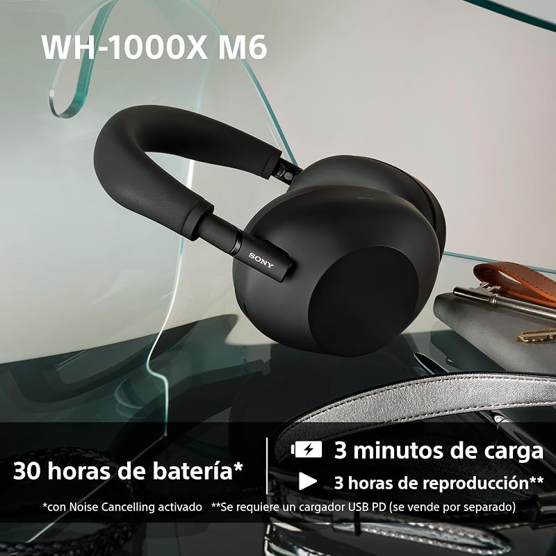 WH-1000XM6 Auscultadores sem fios Bluetooth de luxo com cancelamento de ruído, som de alta resolução, confortável, design dobrável, caixa resistente, 30 horas de bateria, iOS e Android, preto