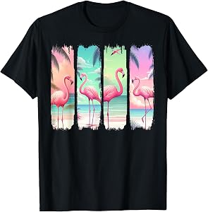 Retro Flamingo Summer Vibes Tropical Beach Sunset T-Shirt
