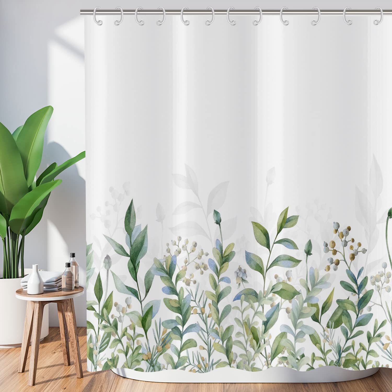 ASDCXZ Leaves Shower Curtain 180x200 cm, Spring Simplicity Green Blue Leaves White Bath Washable Shower Curtains Polyester Textile Waterproof Bath Curtain for Bathtub with 12 Hooks — image 1