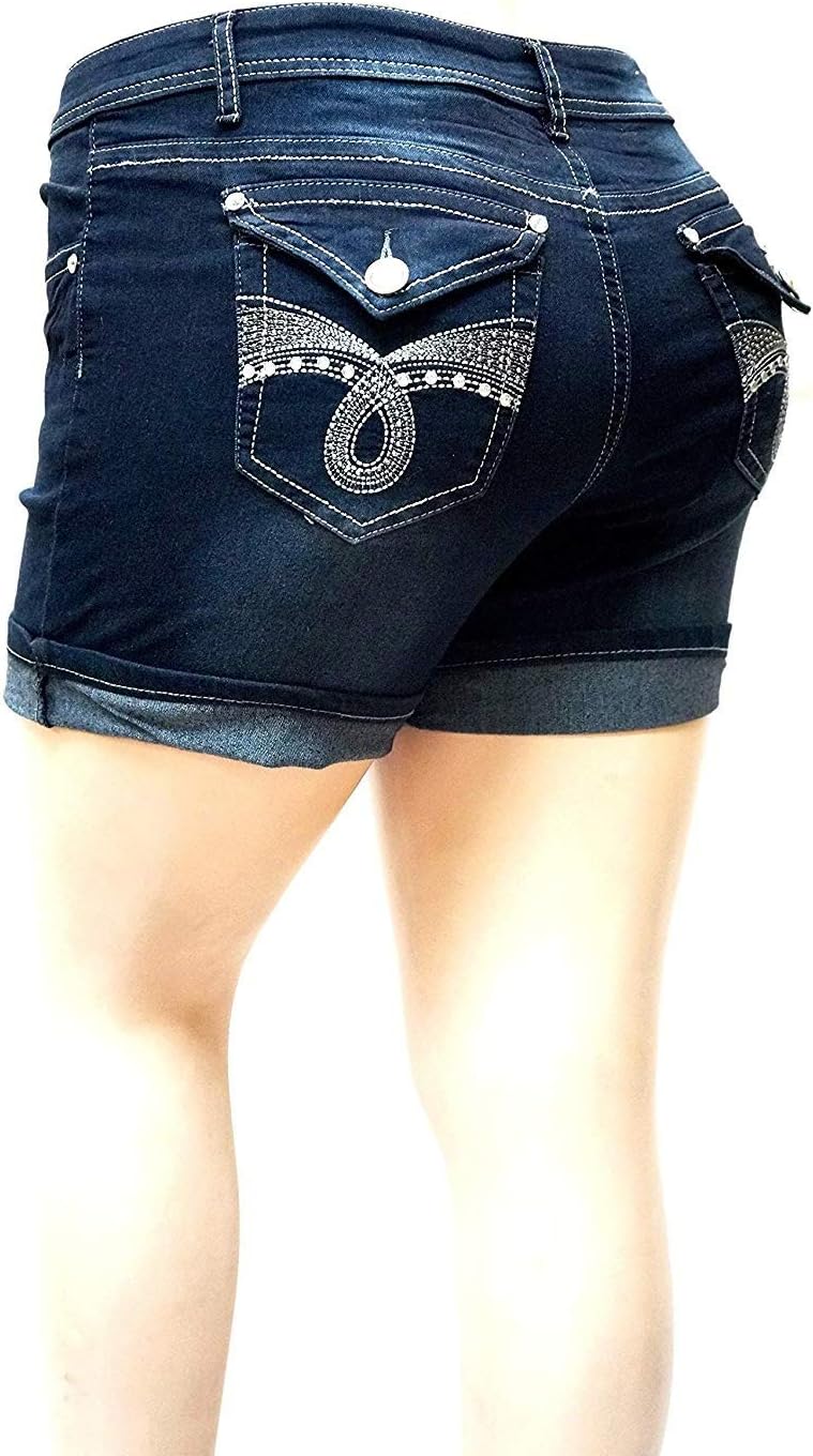 Premium Women's Plus Size Blue Cotton Denim Jeans Shorts Stretch Distressed